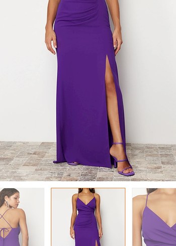 Mor Drapeli Uzun V Yaka Elbise - Görsel 5