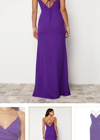 Mor Drapeli Uzun V Yaka Elbise - Görsel 4