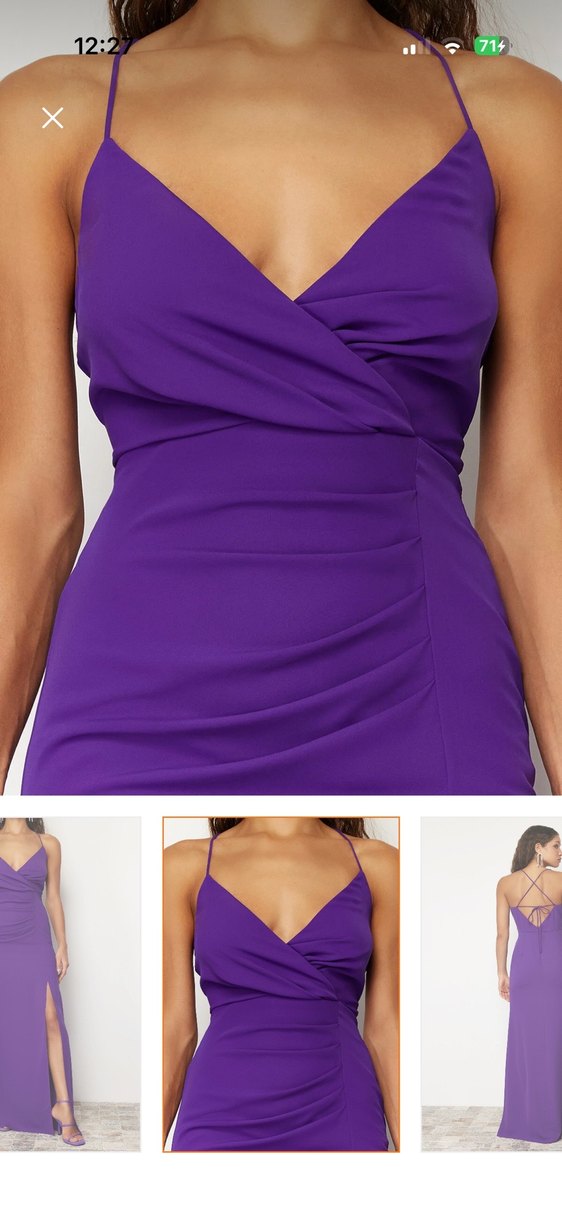 Mor Drapeli Uzun V Yaka Elbise - Görsel 3