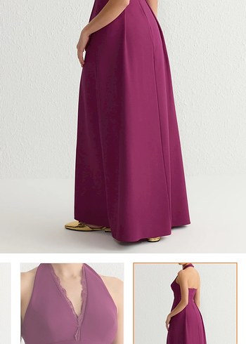 Parlak Mor V Yakalı Uzun Kadın Elbise - Görsel 3