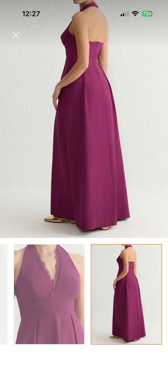 Parlak Mor V Yakalı Uzun Kadın Elbise - Görsel 3