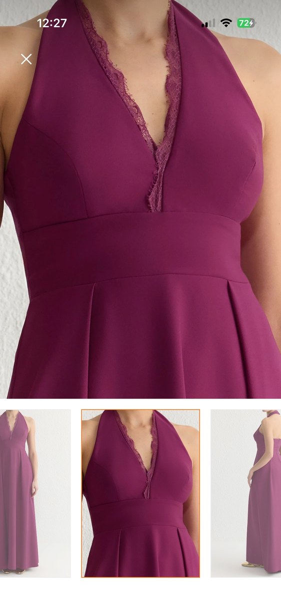 Parlak Mor V Yakalı Uzun Kadın Elbise - Görsel 2