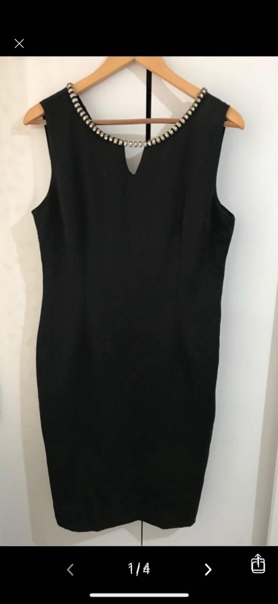 Siyah V Yakalı Boncuk İşlemeli Midi Elbise - Görsel 3