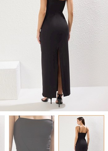 Siyah Drapeli Uzun V Yaka Kadın Elbise - Görsel 2