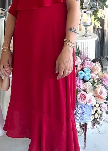 Kırmızı Kayık Yaka Uzun Elbise - Görsel 2