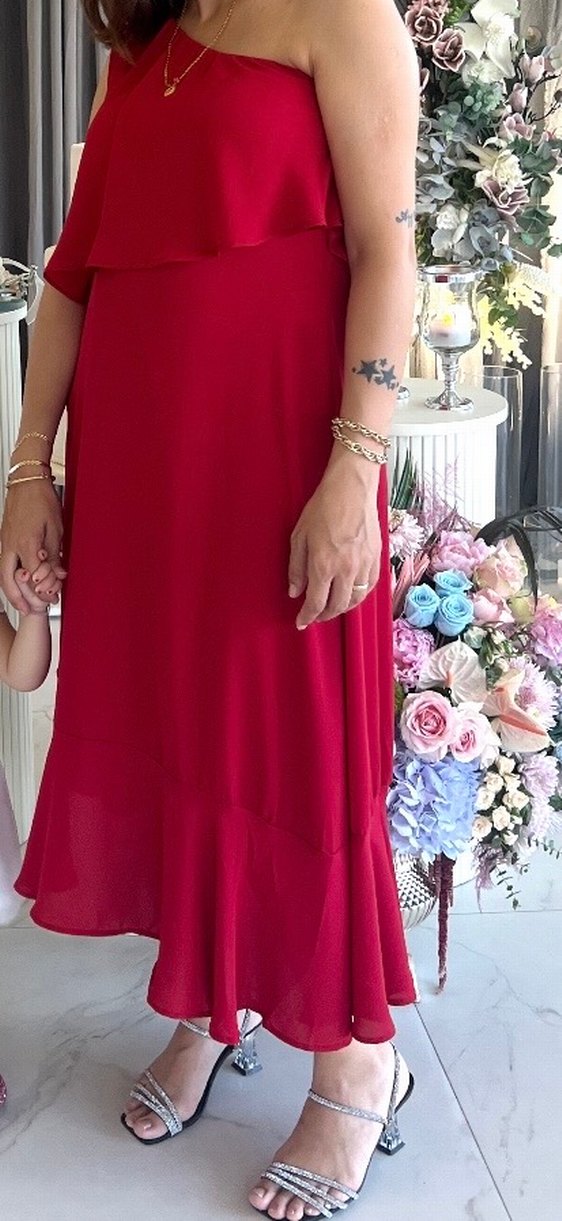 Kırmızı Kayık Yaka Uzun Elbise - Görsel 2