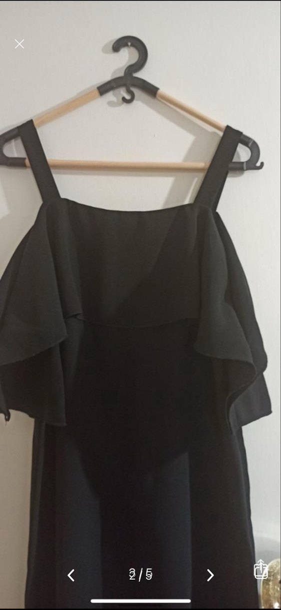 Siyah  Kollu Volanlı Kadın Elbise - Görsel 2