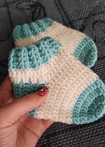 Turkuaz ve Beyaz Örgü Erkek Bebek Patik - Görsel 2