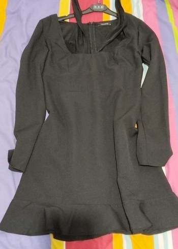 Siyah V Yaka Uzun Kollu Mini Elbise - Görsel 2