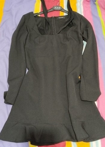 Siyah V Yaka Uzun Kollu Mini Elbise - Görsel 3