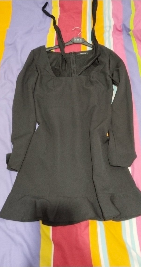 Siyah V Yaka Uzun Kollu Mini Elbise - Görsel 2