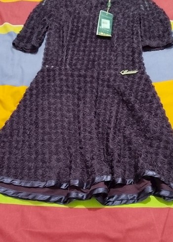 Mor Fırfırlı 3 Boyutlu Güllü Astarlı Elbise - Görsel 3