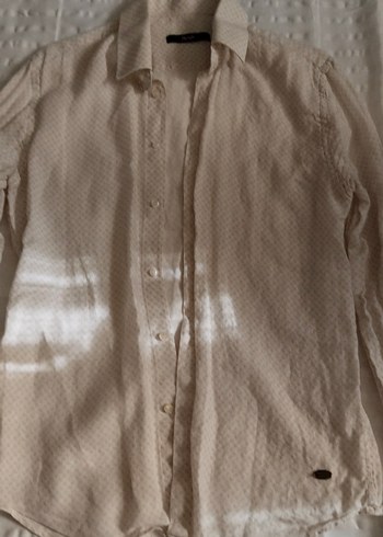 Bej Keten Erkek Gömlek, Düğmeli, Uzun Kollu - Görsel 2
