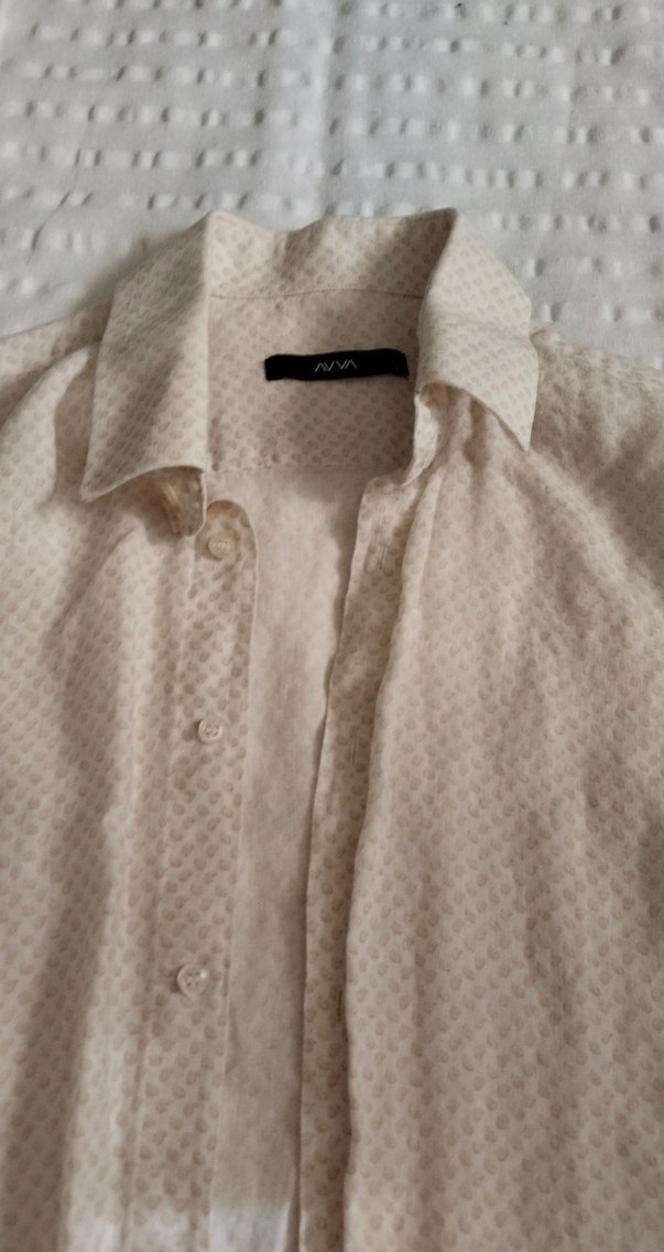 Bej Keten Erkek Gömlek, Düğmeli, Uzun Kollu - Görsel 3