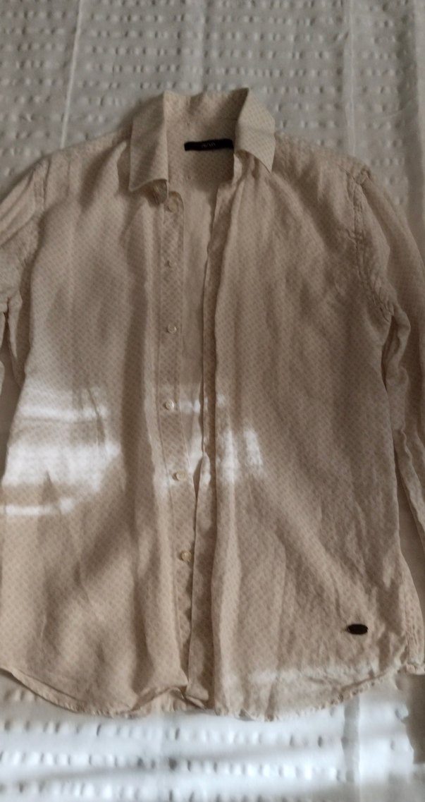 Bej Keten Erkek Gömlek, Düğmeli, Uzun Kollu - Görsel 2