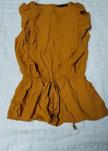 Kahverengi Kolsuz Keten Mini Bluz - Görsel 2