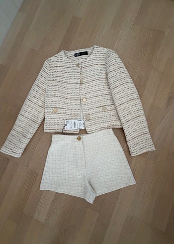 Zara Tuvit Ekru İkili Takim Ceket Sort S