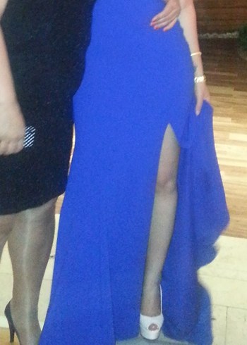 Uzun Lacivert V Yaka Drapeli Abiye Elbise - Görsel 4