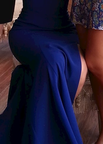 Uzun Lacivert V Yaka Drapeli Abiye Elbise - Görsel 3