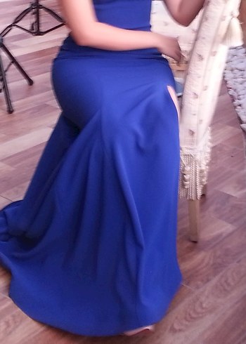 Uzun Lacivert V Yaka Drapeli Abiye Elbise - Görsel 2