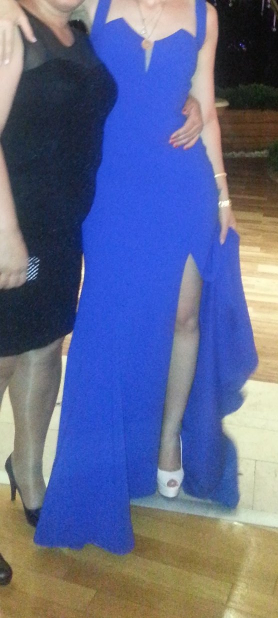 Uzun Lacivert V Yaka Drapeli Abiye Elbise - Görsel 4