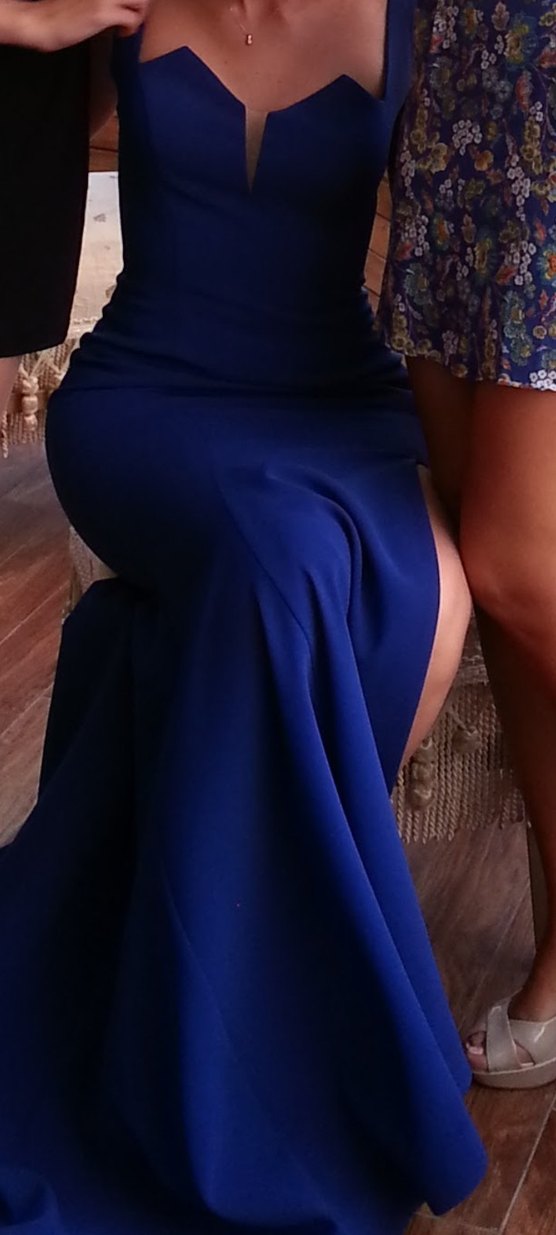 Uzun Lacivert V Yaka Drapeli Abiye Elbise - Görsel 3