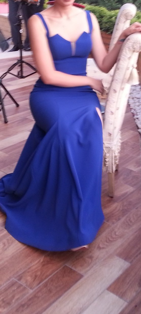 Uzun Lacivert V Yaka Drapeli Abiye Elbise - Görsel 2