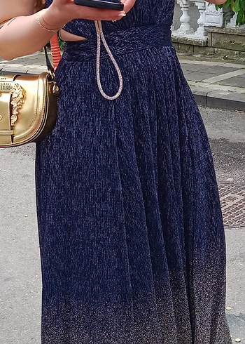 Lacivert Piliseli Midi Straplez Bohem Elbise - Görsel 2