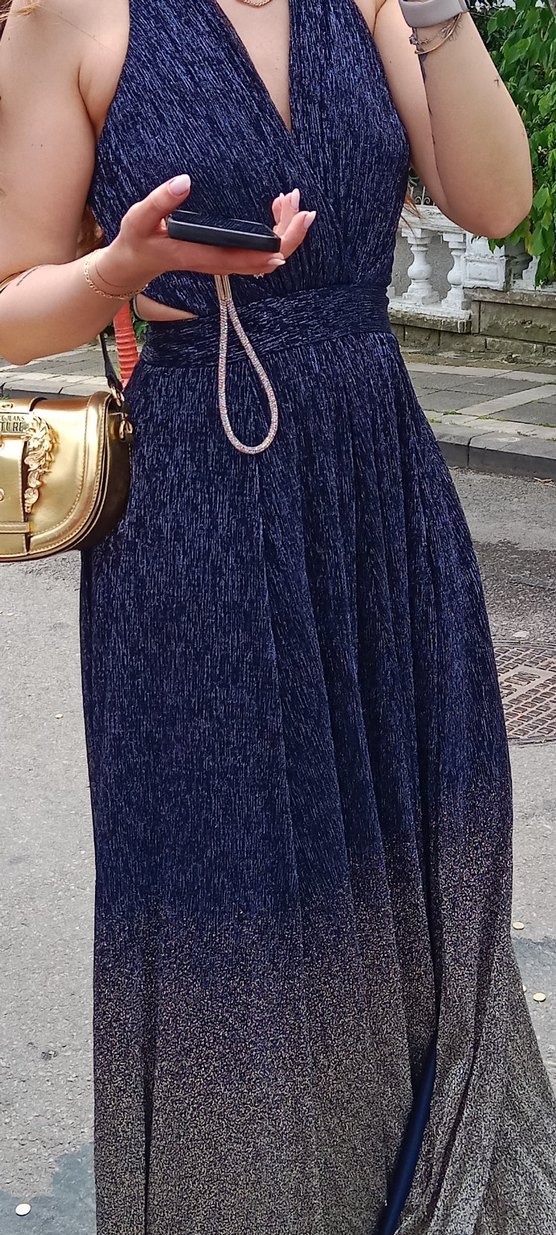 Lacivert Piliseli Midi Straplez Bohem Elbise - Görsel 2