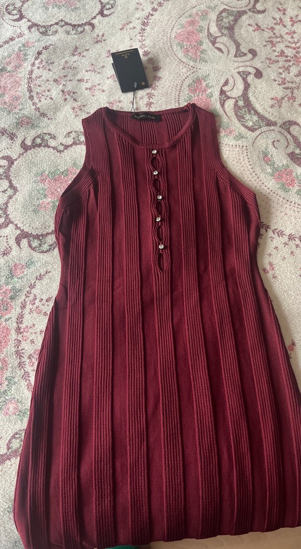 Bordo Düğmeli Uzun Triko Elbise - Görsel 2