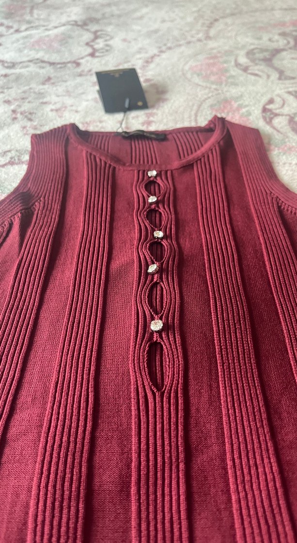 Bordo Düğmeli Uzun Triko Elbise - Görsel 3