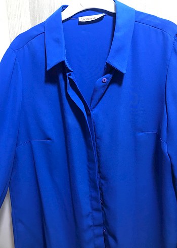 Mavi Uzun Kollu Düğmeli Kadın Gömlek - Görsel 2