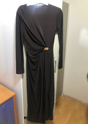 Kahverengi Uzun Kollu Drapeli Kadın Elbise - Görsel 2