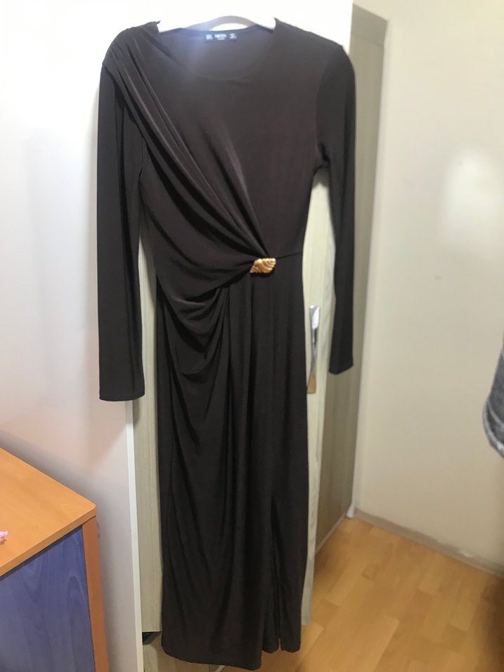 Kahverengi Uzun Kollu Drapeli Kadın Elbise - Görsel 2