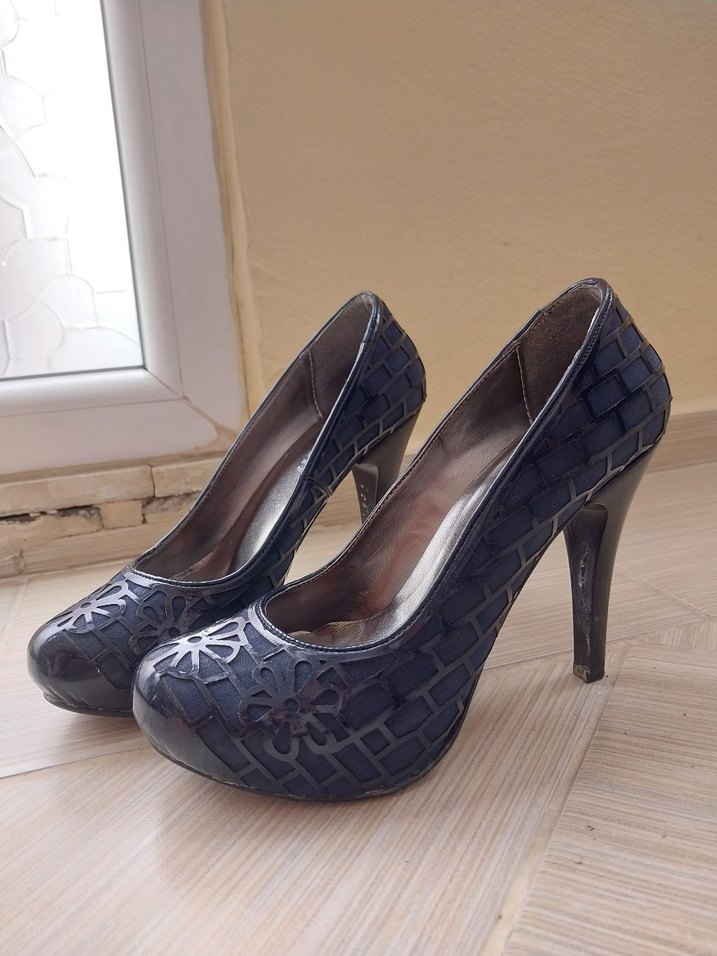 Mavi Parlak çiçek Desenli Stiletto Topuklu - Görsel 2