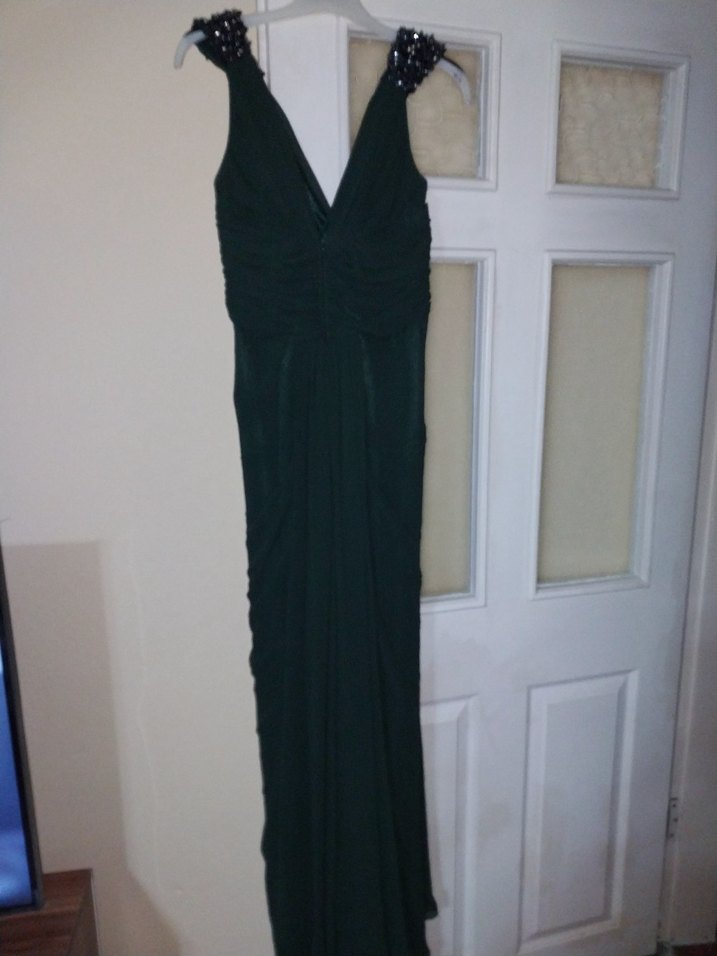 Koyu Yeşil Drapeli V Yakalı Uzun Abiye - Görsel 2