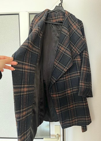 Kahverengi Ekose Desenli Midi Kadın Yün Kaban - Görsel 2