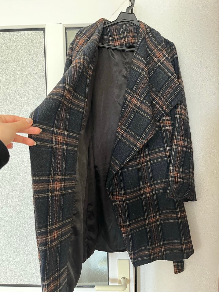 Kahverengi Ekose Desenli Midi Kadın Yün Kaban - Görsel 2