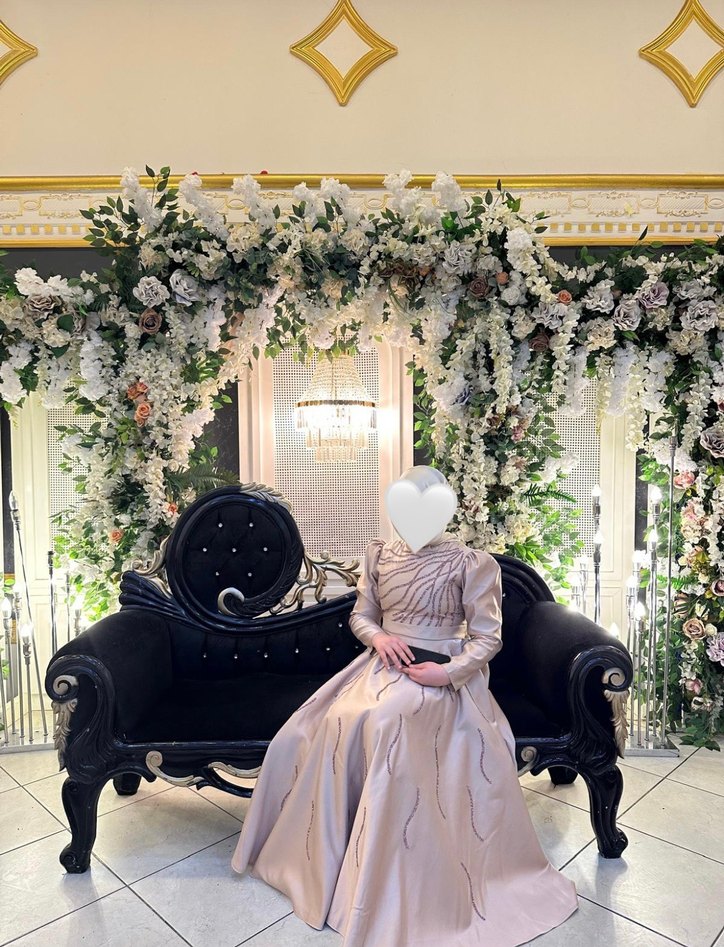 Bej Uzun Kollu Drapeli Abiye Elbise - Görsel 2