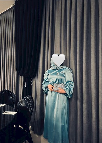 Uzun Turkuaz Drapeli Tesettür Elbise - Görsel 2