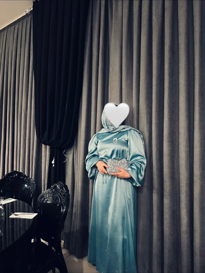 Uzun Turkuaz Drapeli Tesettür Elbise - Görsel 2