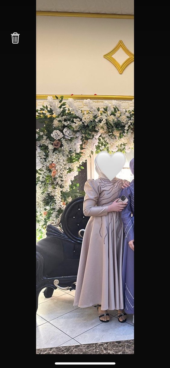 Bej Drapeli Uzun Kollu Uzun Abiye Elbise - Görsel 3