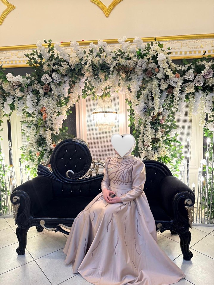 Bej Drapeli Uzun Kollu Uzun Abiye Elbise - Görsel 4