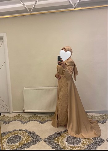 Bej Drapeli Uzun Kollu Abiye Elbise - Görsel 2