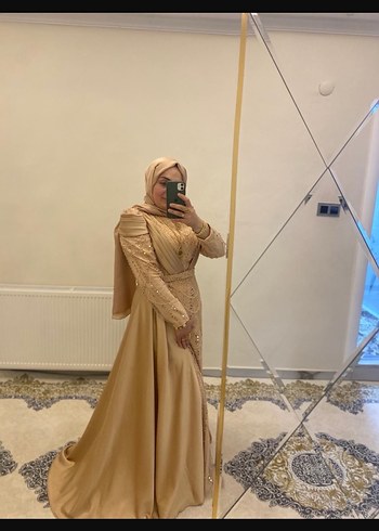 Bej Drapeli Uzun Kollu Abiye Elbise - Görsel 3