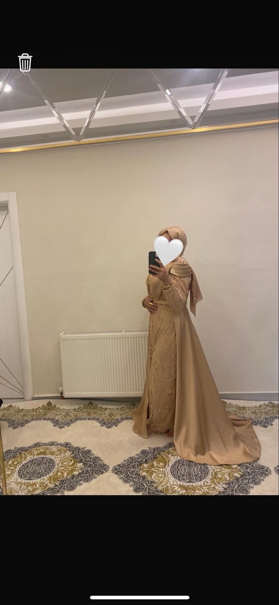 Bej Drapeli Uzun Kollu Abiye Elbise - Görsel 2