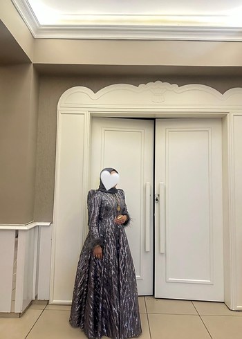 Gri Etnik Desenli Uzun Kol Abiye Elbise - Görsel 2