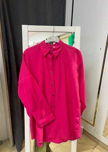 Pembe Düğmeli Oversize Keten Gömlek - Görsel 2