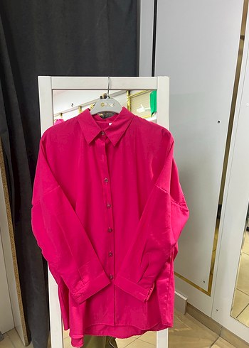 Pembe Düğmeli Oversize Keten Gömlek - Görsel 3