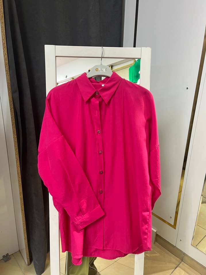 Pembe Düğmeli Oversize Keten Gömlek - Görsel 2